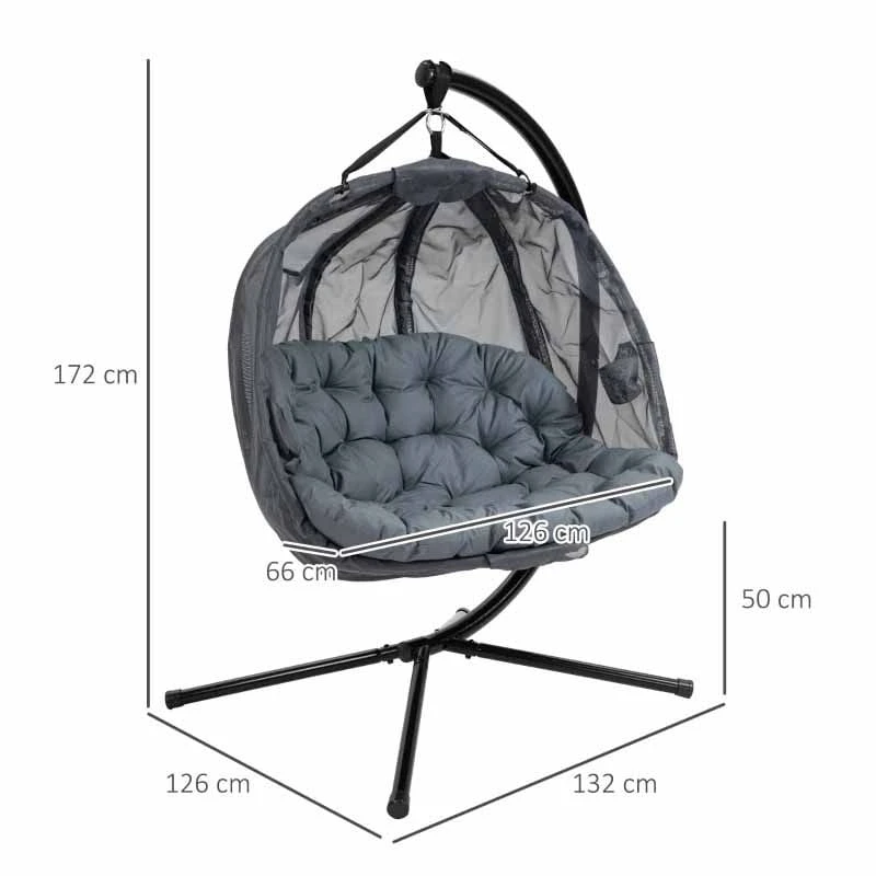 Outsunny Double Hanging 2 Seater Egg Chair With Cushion - Grey - 84A-208V70GY 2 Outsunny Double Hanging 2 Seater Egg Chair With Cushion - Grey - 84A-208V70GY - Image 2