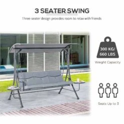 Outsunny 3 Seater Garden Swing Chair With Coffee Tables - Grey - 84A-162