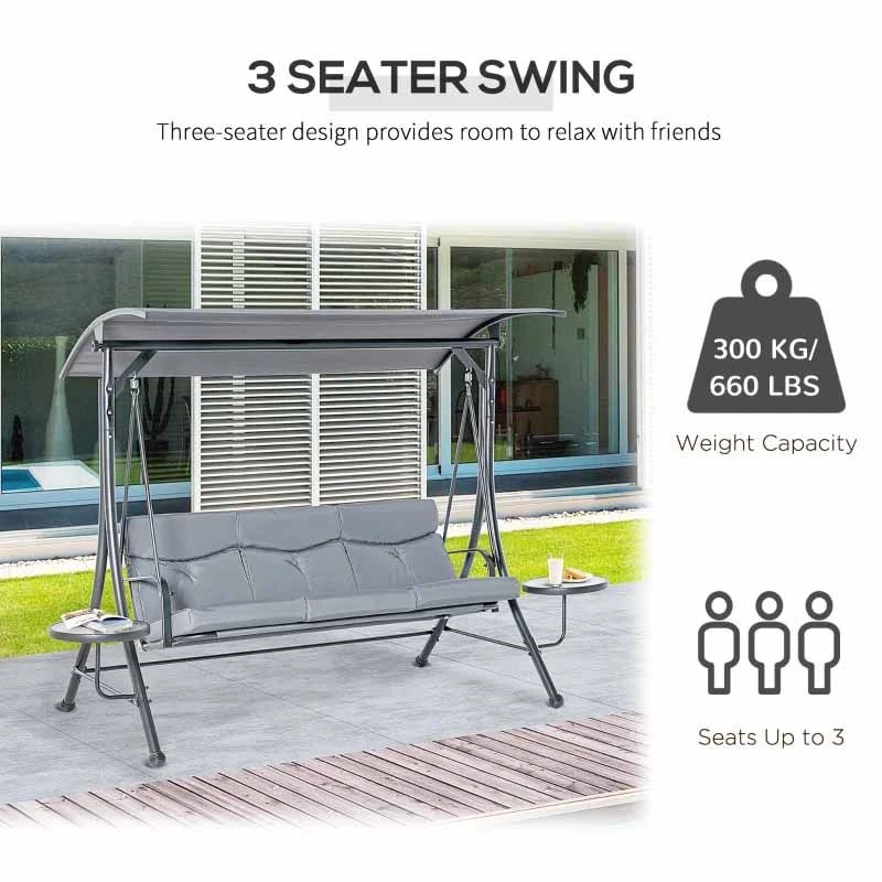 Outsunny 3 Seater Garden Swing Chair With Coffee Tables - Grey - 84A-162 1 Outsunny 3 Seater Garden Swing Chair With Coffee Tables - Grey - 84A-162