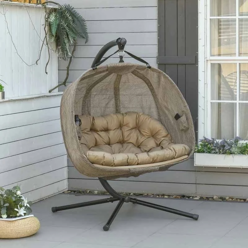 Outsunny Double Hanging 2 Seater Egg Chair With Cushion - Brown - 84A-208V70 1 Outsunny Double Hanging 2 Seater Egg Chair With Cushion - Brown - 84A-208V70