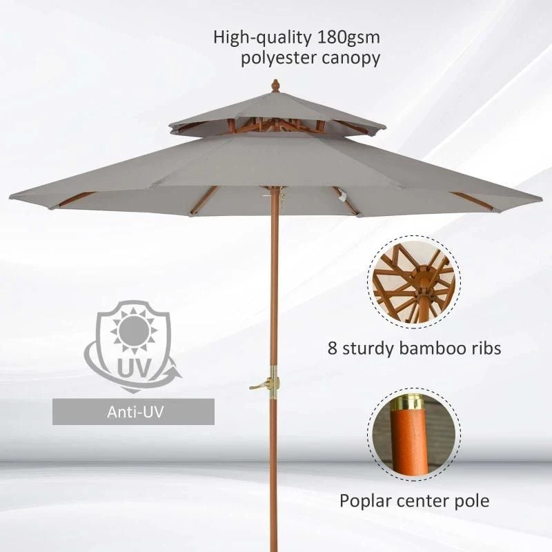 Outsunny 2.7 M Double Tier Parasol - Grey - 840-025GY 4 Outsunny 2.7 M Double Tier Parasol - Grey - 840-025GY - Image 4