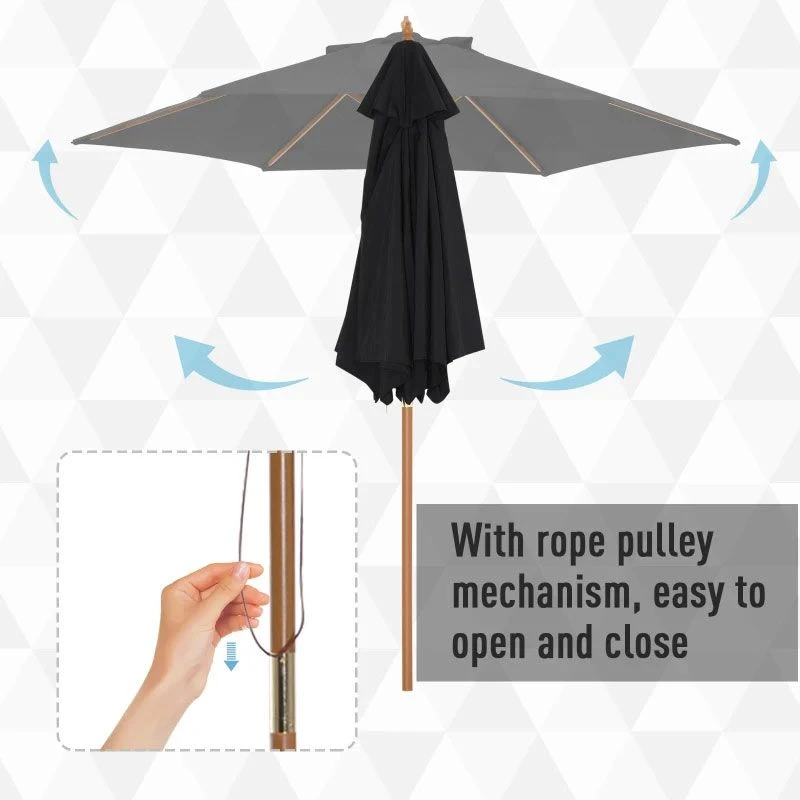 Outsunny 2.5m Wood Parasol - Black - 84D-056BK 6 Outsunny 2.5m Wood Parasol - Black - 84D-056BK - Image 6