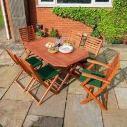Rowlinson Plumley 9 Piece Dining Set With Green Cushions + Green Parasol & 15kg Base - BPGRNP27GN