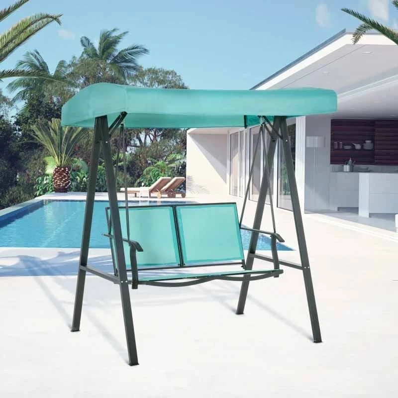 Outsunny 2 Seater Textilene Garden Swing Chair With Canopy - Blue - 84A-236BU 1 Outsunny 2 Seater Textilene Garden Swing Chair With Canopy - Blue - 84A-236BU