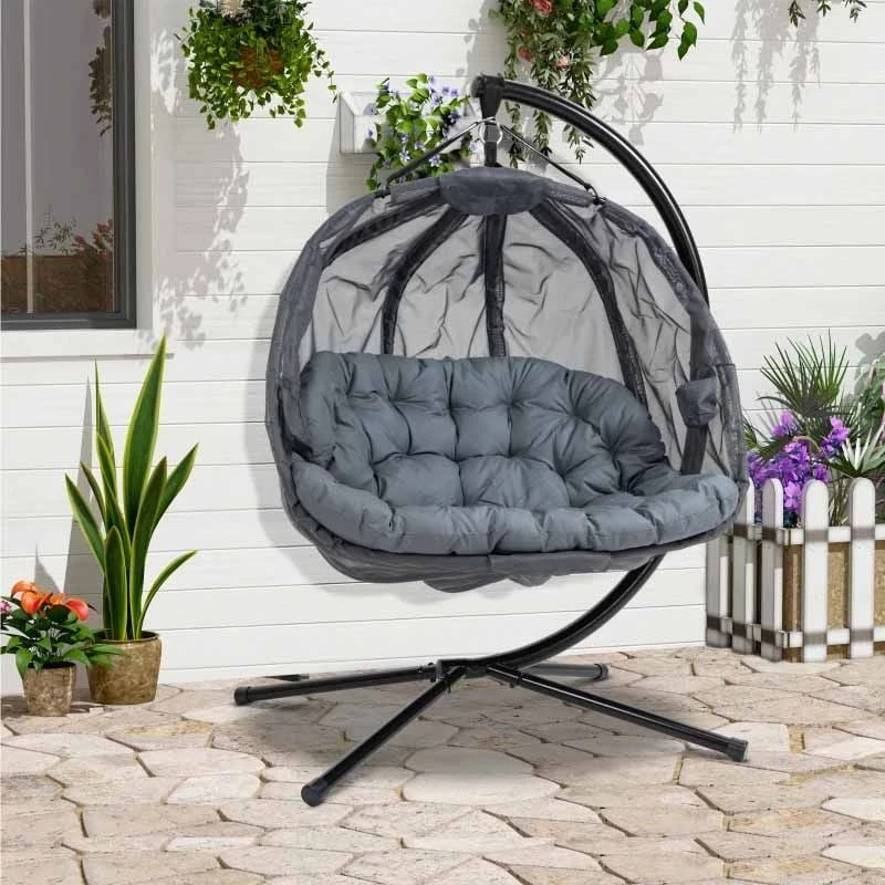 Outsunny Double Hanging 2 Seater Egg Chair With Cushion - Grey - 84A-208V70GY 7 Outsunny Double Hanging 2 Seater Egg Chair With Cushion - Grey - 84A-208V70GY - Image 7
