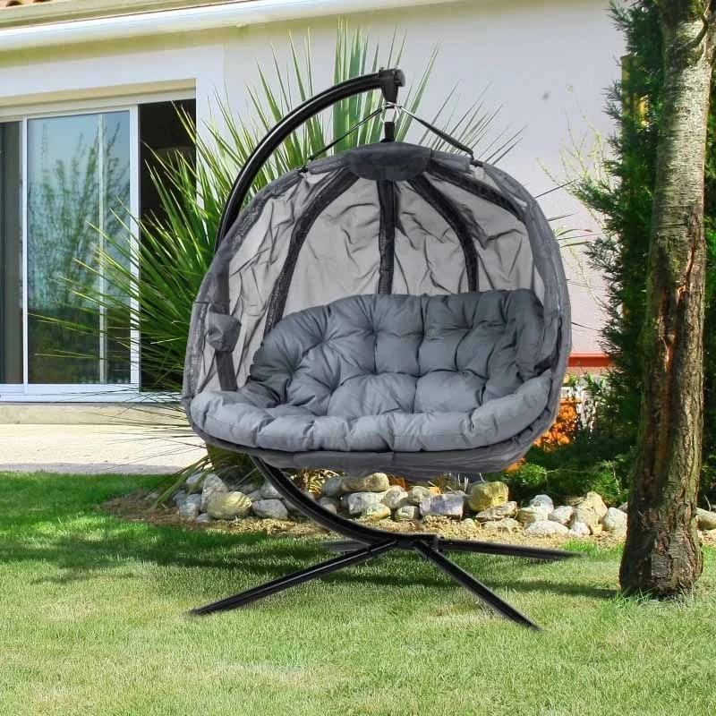 Outsunny Double Hanging 2 Seater Egg Chair With Cushion - Grey - 84A-208V70GY 1 Outsunny Double Hanging 2 Seater Egg Chair With Cushion - Grey - 84A-208V70GY
