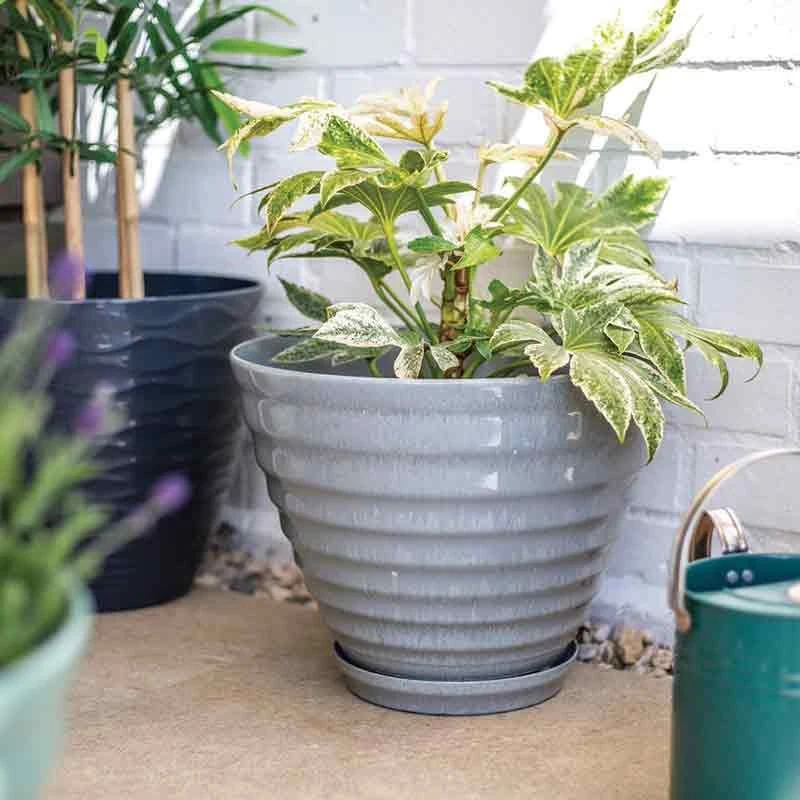 La Hacienda Plant Avenue Vale Grey Planter With In Built Saucer 40cm - 90650GR 1 La Hacienda Plant Avenue Vale Grey Planter With In Built Saucer 40cm - 90650GR