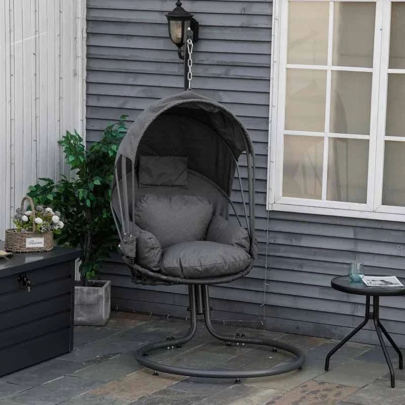 Outsunny Retractable Canopy Hanging Egg Chair With Cushion - Grey - 84A-212 2 Outsunny Retractable Canopy Hanging Egg Chair With Cushion - Grey - 84A-212 - Image 2