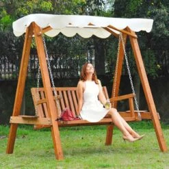 Outsunny 2-Seater Larch Wood Swing Chair - Cream - 01-0303