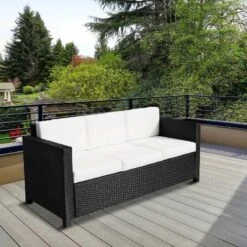 Outsunny Rattan 3 Seater Garden Sofa - Black/Cream - 01-0720