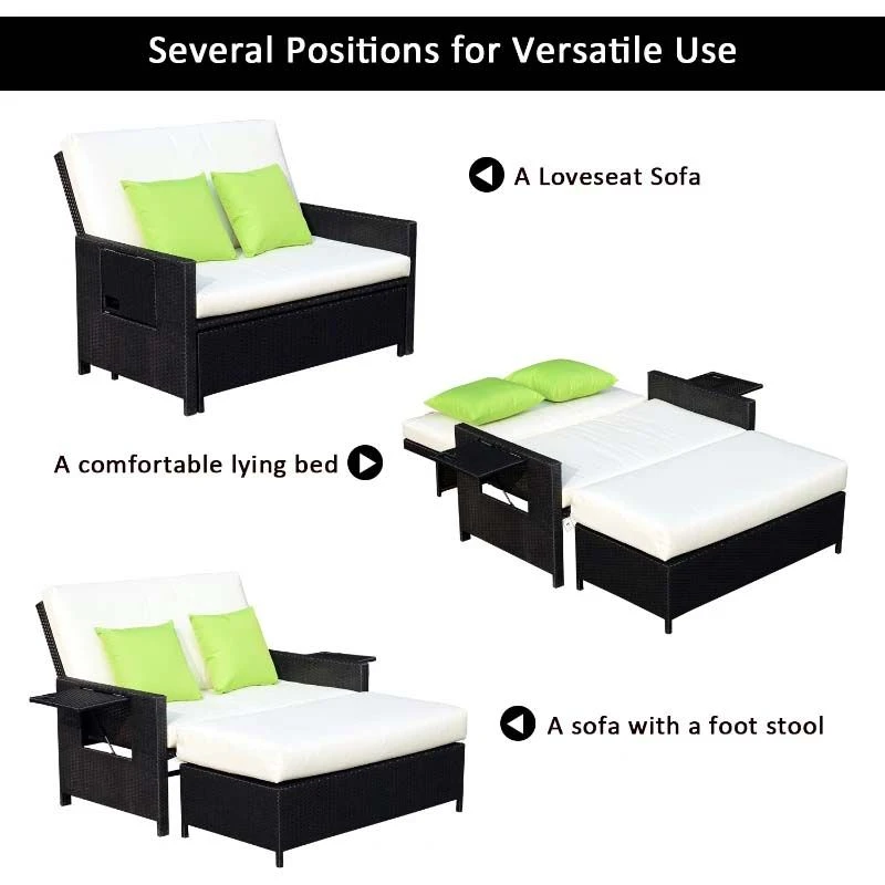 Outsunny 2-Seater Rattan Sofa Set With Foot Stool - Black/Cream - 01-0784 5 Outsunny 2-Seater Rattan Sofa Set With Foot Stool - Black/Cream - 01-0784 - Image 5