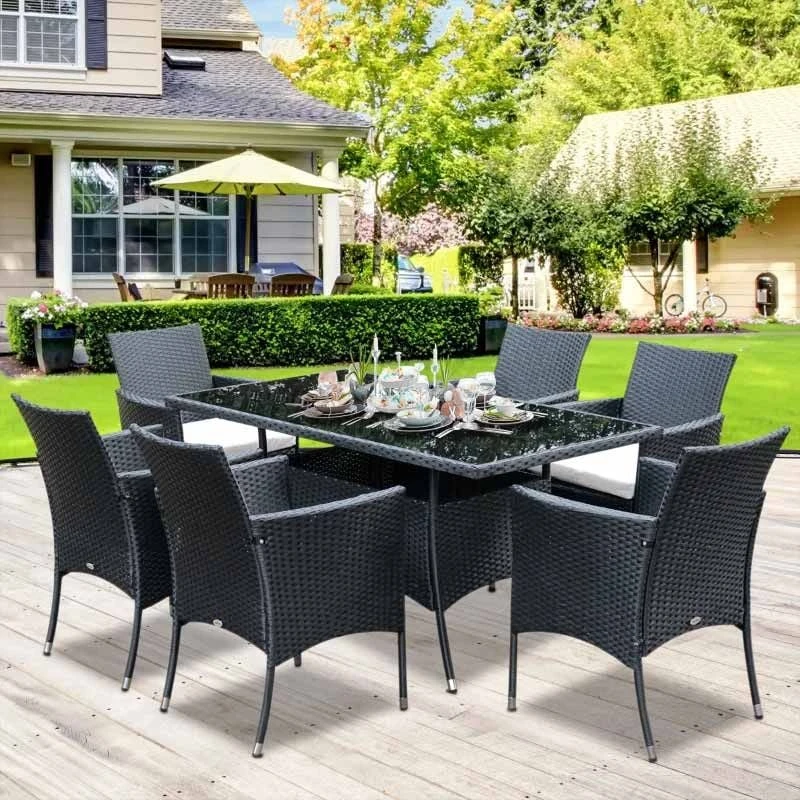Outsunny 6-Seater Rattan Dining Patio Table And Chairs Set With Cushion - Black & Cream - 841-071 1 Outsunny 6-Seater Rattan Dining Patio Table And Chairs Set With Cushion - Black & Cream - 841-071