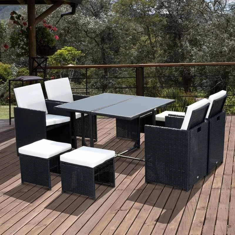 Outsunny 8-Seater Rattan Dining Table And Chair Set - Black & Milk White - 841-108 1 Outsunny 8-Seater Rattan Dining Table And Chair Set - Black & Milk White - 841-108