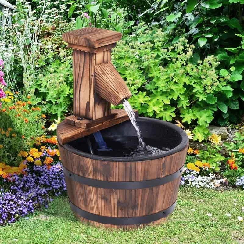 Outsunny Garden Wooden Barrel Electric Pump Water Feature 27x37Hcm - Brown - 844-216V01 1 Outsunny Garden Wooden Barrel Electric Pump Water Feature 27x37Hcm - Brown - 844-216V01