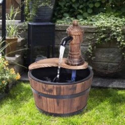 Outsunny Fir Wood Barrel Pump Water Feature With Flower Planter 27x37Hcm - Brown - 844-217V01 19 Outsunny Fir Wood Barrel Pump Water Feature With Flower Planter 27x37Hcm - Brown - 844-217V01 -OUTSUNNY Sales Shop o u outsunny 844 217v01 outdoor