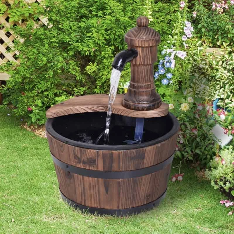Outsunny Fir Wood Barrel Pump Water Feature With Flower Planter 27x37Hcm - Brown - 844-217V01 1 Outsunny Fir Wood Barrel Pump Water Feature With Flower Planter 27x37Hcm - Brown - 844-217V01