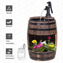 Outsunny Fir Wood Barrel Water Feature With Flower Planter 32x58.5Hcm - Brown - 844-218V01 -OUTSUNNY Sales Shop o u outsunny 844 218v01 features