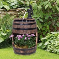 Outsunny Fir Wood Barrel Water Feature With Flower Planter 32x58.5Hcm - Brown - 844-218V01 -OUTSUNNY Sales Shop o u outsunny 844 218v01 outdoor