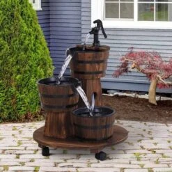 Outsunny Fir Wood 3 Barrel Water Feature With Electric Pump - Brown - 844-271V70 -OUTSUNNY Sales Shop o u outsunny 844 271v70 outdoor