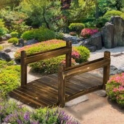 Outsunny 5ft Wooden Garden Bridge With Planters On Safety Railings - Brown - 844-618V00TN -OUTSUNNY Sales Shop o u outsunny 844 618v00tn outdoor