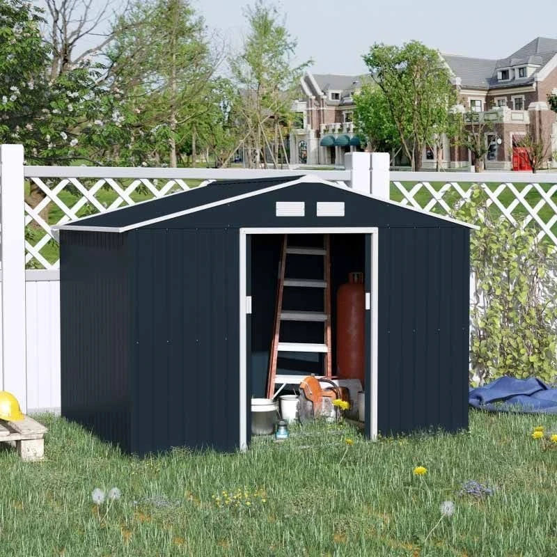 Outsunny 9 X 6ft Metal Garden Storage Shed With Foundation Ventilation & Doors - Dark Grey - 845-031CG 1 Outsunny 9 X 6ft Metal Garden Storage Shed With Foundation Ventilation & Doors - Dark Grey - 845-031CG