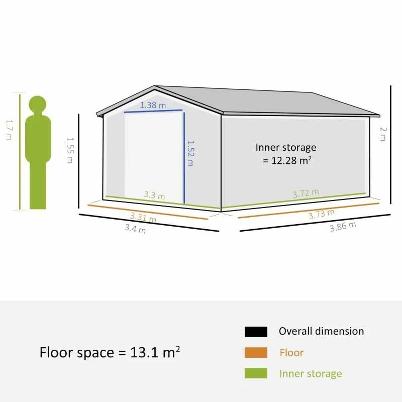 Outsunny 13 X 11ft Galvanized Steel Garden Shed With Foundation - Grey - 845-031V01 2 Outsunny 13 X 11ft Galvanized Steel Garden Shed With Foundation - Grey - 845-031V01 - Image 2