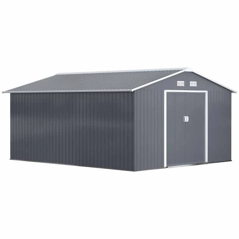 Outsunny 13 X 11ft Galvanized Steel Garden Shed With Foundation - Grey - 845-031V01 3 Outsunny 13 X 11ft Galvanized Steel Garden Shed With Foundation - Grey - 845-031V01 - Image 3