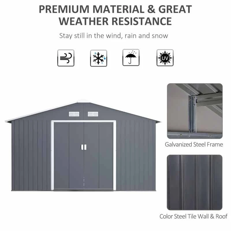 Outsunny 13 X 11ft Galvanized Steel Garden Shed With Foundation - Grey - 845-031V01 4 Outsunny 13 X 11ft Galvanized Steel Garden Shed With Foundation - Grey - 845-031V01 - Image 4
