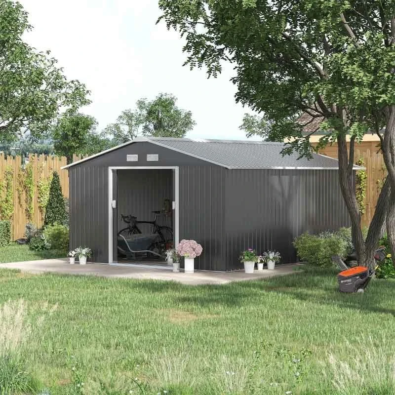 Outsunny 13 X 11ft Galvanized Steel Garden Shed With Foundation - Grey - 845-031V01 10 Outsunny 13 X 11ft Galvanized Steel Garden Shed With Foundation - Grey - 845-031V01 - Image 10