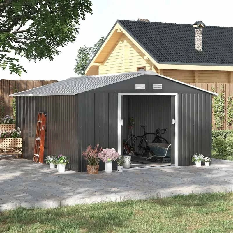 Outsunny 13 X 11ft Galvanized Steel Garden Shed With Foundation - Grey - 845-031V01 1 Outsunny 13 X 11ft Galvanized Steel Garden Shed With Foundation - Grey - 845-031V01