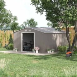Outsunny 13 X 11ft Metal Storage Shed With Foundation & Doors / Ventilation - Light Grey - 845-031V01LG