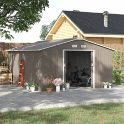 Outsunny 13 X 11ft Metal Storage Shed With Foundation & Doors / Ventilation - Light Grey - 845-031V01LG -OUTSUNNY Sales Shop o u outsunny 845 031v01lg outdoor2