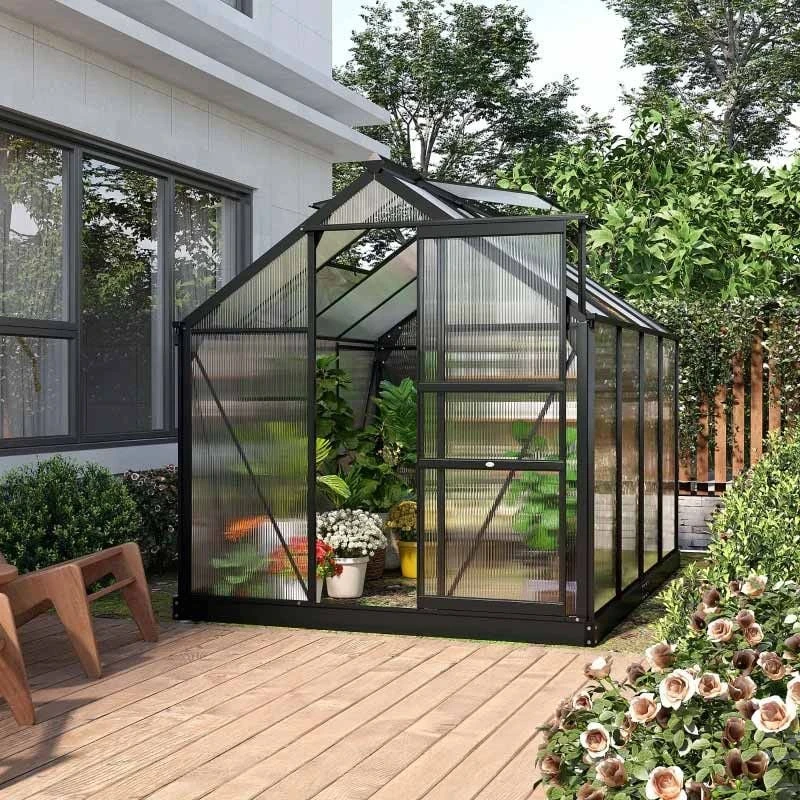 Outsunny 6 X 8ft Aluminium Large Walk-In Poly Greenhouse With Slide Door - Grey & Clear - 845-059GY 1 Outsunny 6 X 8ft Aluminium Large Walk-In Poly Greenhouse With Slide Door - Grey & Clear - 845-059GY