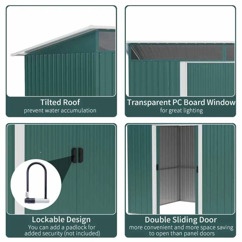 Outsunny 8.5 X 6ft Tilted Roofed Metal Storage Garden Shed With Lightsky Panels - Green - 845-174V01GN 4 Outsunny 8.5 X 6ft Tilted Roofed Metal Storage Garden Shed With Lightsky Panels - Green - 845-174V01GN - Image 4