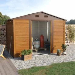 Outsunny 6.3 X 9.1ft Slatted Steel Wood Effect Garden Shed - Brown - 845-179V01 -OUTSUNNY Sales Shop o u outsunny 845 179v01 outdoor