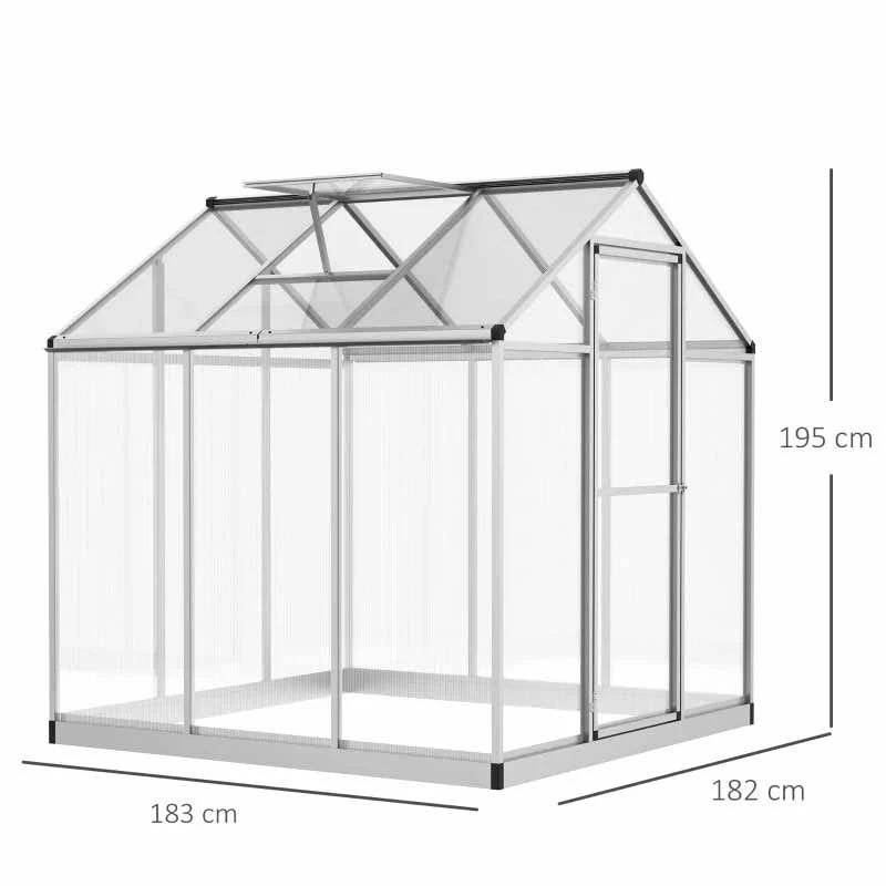 Outsunny Walk-In Greenhouse With Aluminium Frame & Galvanized Base 182L X 183W X 195Hcm - Silver - 845-243 2 Outsunny Walk-In Greenhouse With Aluminium Frame & Galvanized Base 182L X 183W X 195Hcm - Silver - 845-243 - Image 2