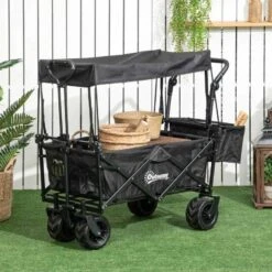 Outsunny Folding Garden Trolley With Canopy - Black - 845-327V02BK