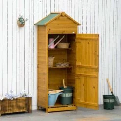 Outsunny Garden Wooden Storage Shed With 3 Shelves And 2 Doors - 191.5cm X 79cm X 49cm - Natural Wood Effect - 845-352V01