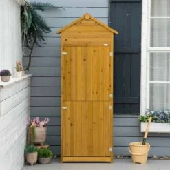 Outsunny Garden Wooden Storage Shed With 3 Shelves And 2 Doors - 191.5cm X 79cm X 49cm - Natural Wood Effect - 845-352V01 -OUTSUNNY Sales Shop o u outsunny 845 352v01 outdoor