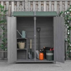 Outsunny Garden Wooden Storage Shed With Storage Table - Grey - 845-353