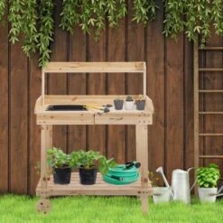 Outsunny Wooden Potting Bench With 2 Removable Wheels & Storage Spaces - Brown - 845-460ND