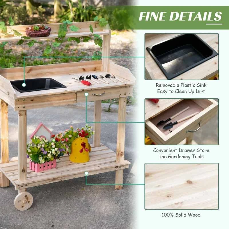 Outsunny Wooden Potting Bench With 2 Removable Wheels & Storage Spaces - Brown - 845-460ND 5 Outsunny Wooden Potting Bench With 2 Removable Wheels & Storage Spaces - Brown - 845-460ND - Image 5