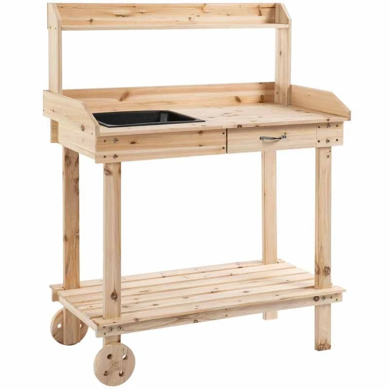 Outsunny Wooden Potting Bench With 2 Removable Wheels & Storage Spaces - Brown - 845-460ND 3 Outsunny Wooden Potting Bench With 2 Removable Wheels & Storage Spaces - Brown - 845-460ND - Image 3