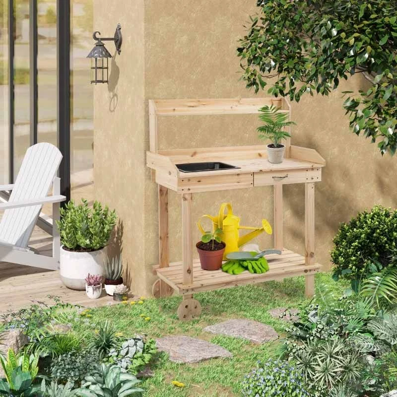 Outsunny Wooden Potting Bench With 2 Removable Wheels & Storage Spaces - Brown - 845-460ND 10 Outsunny Wooden Potting Bench With 2 Removable Wheels & Storage Spaces - Brown - 845-460ND - Image 10