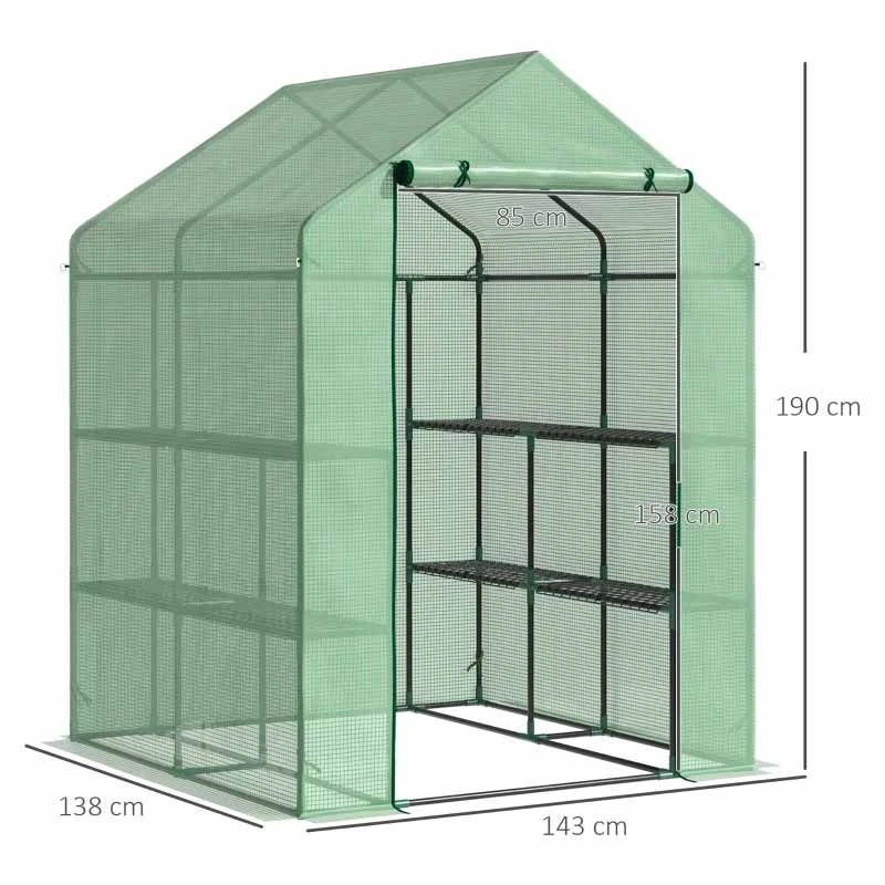 Outsunny 2-Tier Walk In Polytunnel Steeple Greenhouse 143L X 138W X 190Hcm - Green - 845-510 2 Outsunny 2-Tier Walk In Polytunnel Steeple Greenhouse 143L X 138W X 190Hcm - Green - 845-510 - Image 2