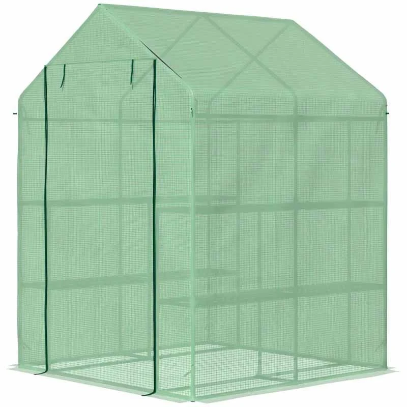 Outsunny 2-Tier Walk In Polytunnel Steeple Greenhouse 143L X 138W X 190Hcm - Green - 845-510 10 Outsunny 2-Tier Walk In Polytunnel Steeple Greenhouse 143L X 138W X 190Hcm - Green - 845-510 - Image 10