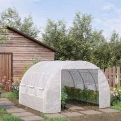 Outsunny 3 X 2m Walk In Steel Polytunnel Greenhouse With Zippered Door & 6 Windows - White - 845-612V02WT -OUTSUNNY Sales Shop o u outsunny 845 612v02wt outdoor