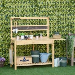 Outsunny Potting Bench With Metal Sieve Screen Chalkboard Hidden Sink & Drawer - Brown - 845-628