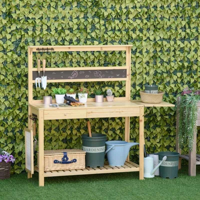 Outsunny Potting Bench With Metal Sieve Screen Chalkboard Hidden Sink & Drawer - Brown - 845-628 1 Outsunny Potting Bench With Metal Sieve Screen Chalkboard Hidden Sink & Drawer - Brown - 845-628