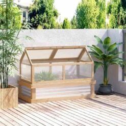 Outsunny Raised Garden Bed With Cold Frame Wooden Greenhouse 82H X 122L X 61Wcm - Natural - 845-670